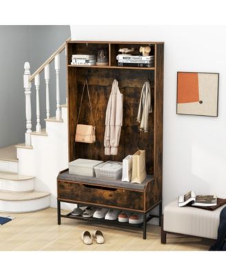 69-Inch 4-in-1 Hall Tree with Coat Rack, Seat Cushion, Shoe Storage, and Shelf