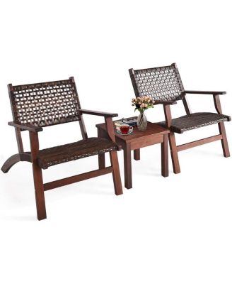 Solid Wood and Rattan 3-Piece Outdoor Patio Furniture Table Chairs Set