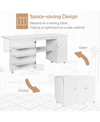 Folding Sewing Table Shelves Storage Cabinet Craft Cart with Wheels