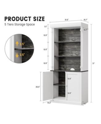 Tall Storage Bookcase with 3-Tier Open Shelves and Double Door, Roman Column Design and 4 Adjustable Lights, White & Black Wood Grain Display Storage Cabinet for Home Office, Living Room