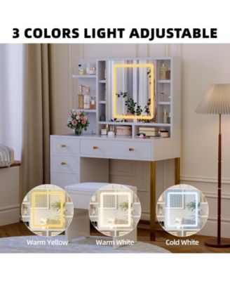 Vanity Desk with Mirror and Lights, Large Makeup Vanity with Charging Station and Storage Cabinet, 3 Lighting Modes Adjustable, Dressing Table with Drawers for Bedroom