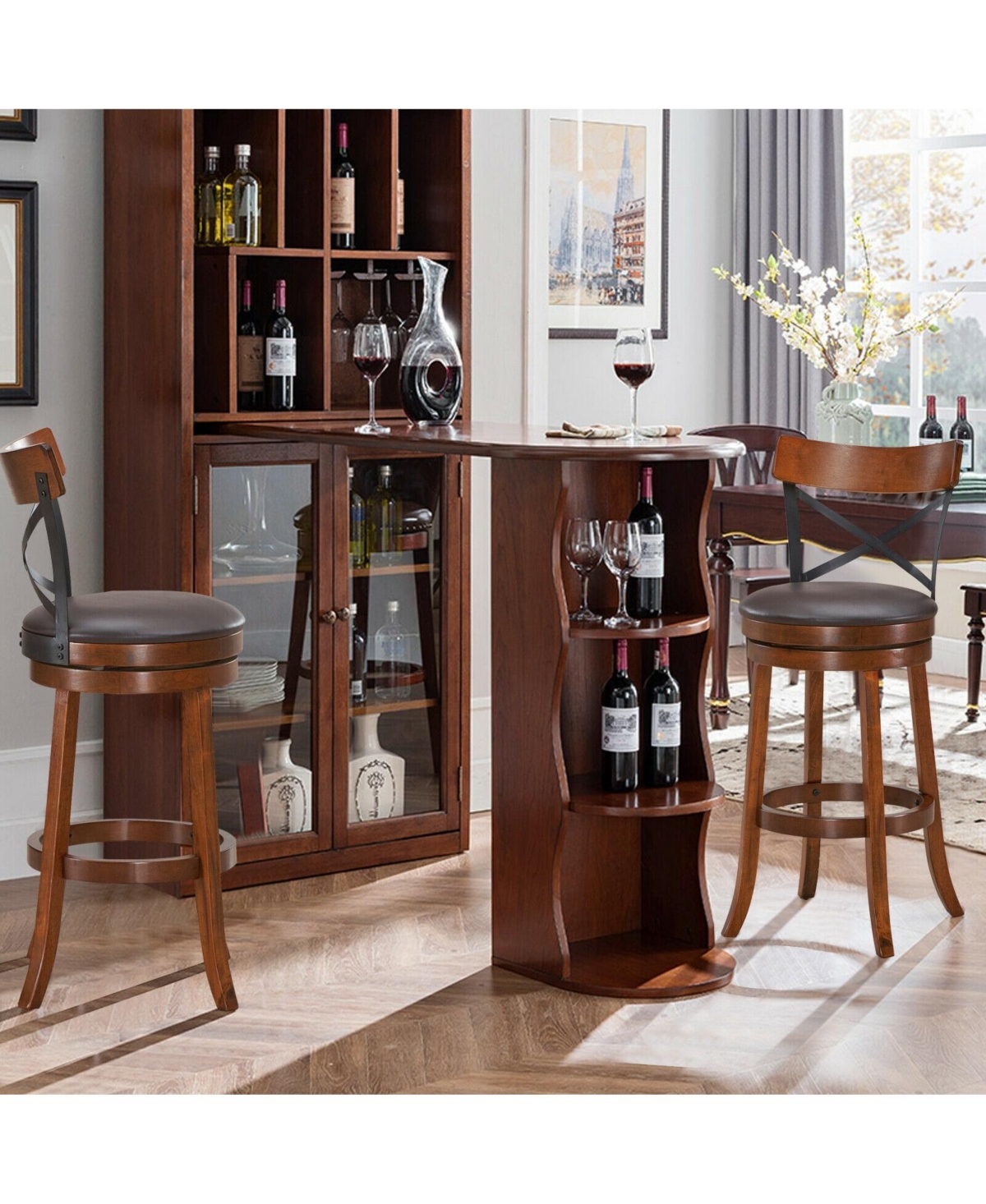 Gouun Set of 2 Bar Stools 360-Degree Swivel Dining Bar Chairs with Rubber Wood Legs-29.5 inch