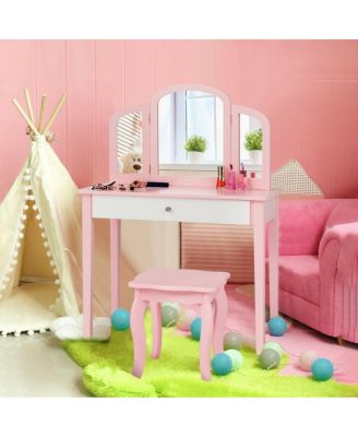 Kids Princess Make Up Dressing Table with Tri-folding Mirror and Chair