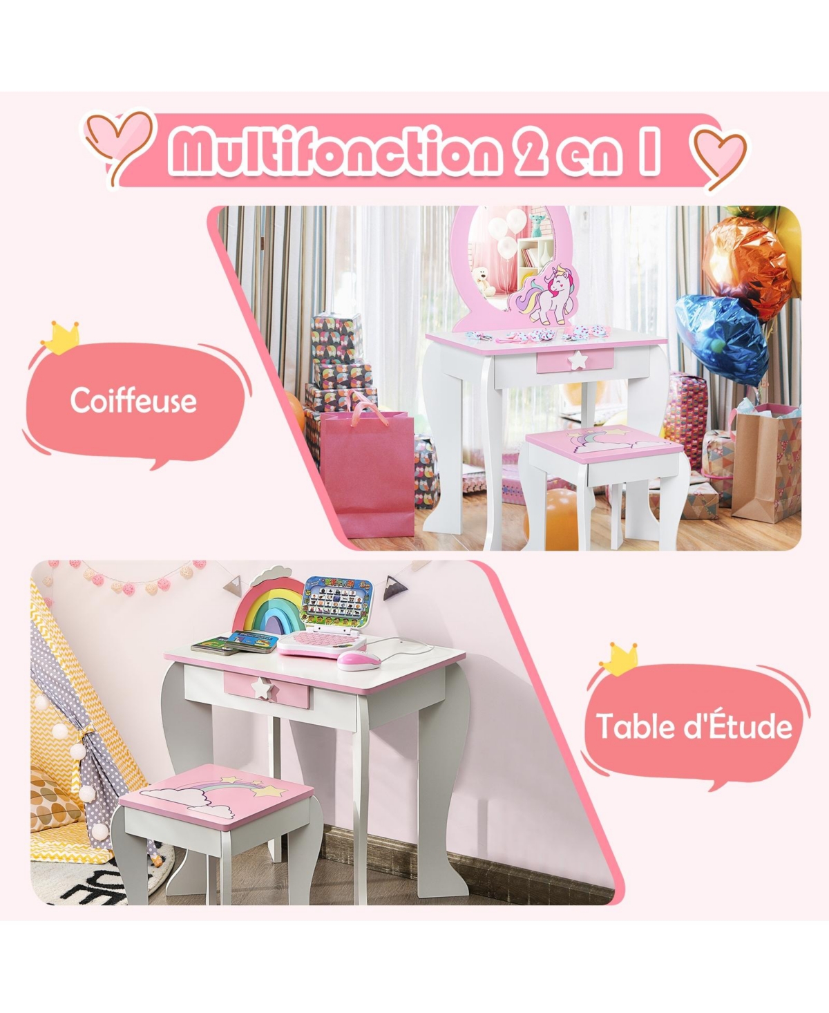 Gouun Kids Vanity Set with Mirror, Drawer, and Chair for Makeup and Dressing