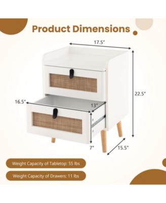 Modern End Table Bedside Table with 2 Rattan Decorated Drawers