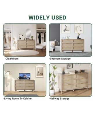 6 Drawer Rattan Dresser, 47.2" x 15.7" x 29.5" Rattan Chest of Dressers, Mid Century Modern Dresser for Closet with Handles, Large Table Top, Dresser Bedroom, Living Room, Hallway, Entryway