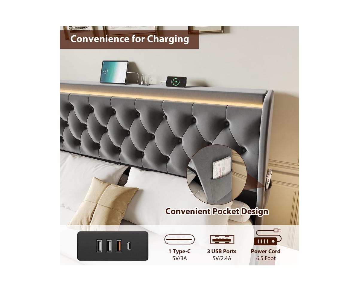 gaomon Led Bed Frame with Charging Station, Velvet Upholstered Platform Bed Frame with Button Wingback Headboard, Metal Frame with No Box Spring