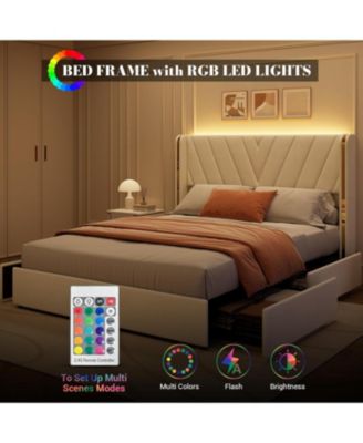 Upholstered Bed Frame with RGB LED Lights, Velvet Platform Bed Frame with 4 Storage Drawers, Wingback Headboard, No Box Spring Needed, Noise Free, Easy Assembly Full