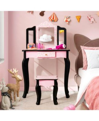 Kid Vanity Set with Tri-Folding Mirror and Leopard Print