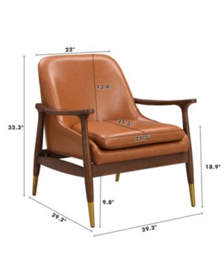 9.2'' Mid-Century Faux Leather Accent Chair with Cushioned Seat, Solid Wood Frame, and Brass-Tipped Legs，Brown