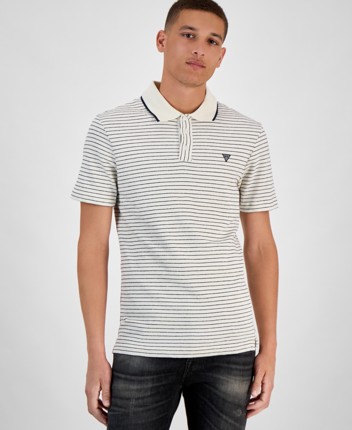 Men's Slim-Fit Striped Short-Sleeve Polo Shirt - Smart Blue/pearl White Small Stripes