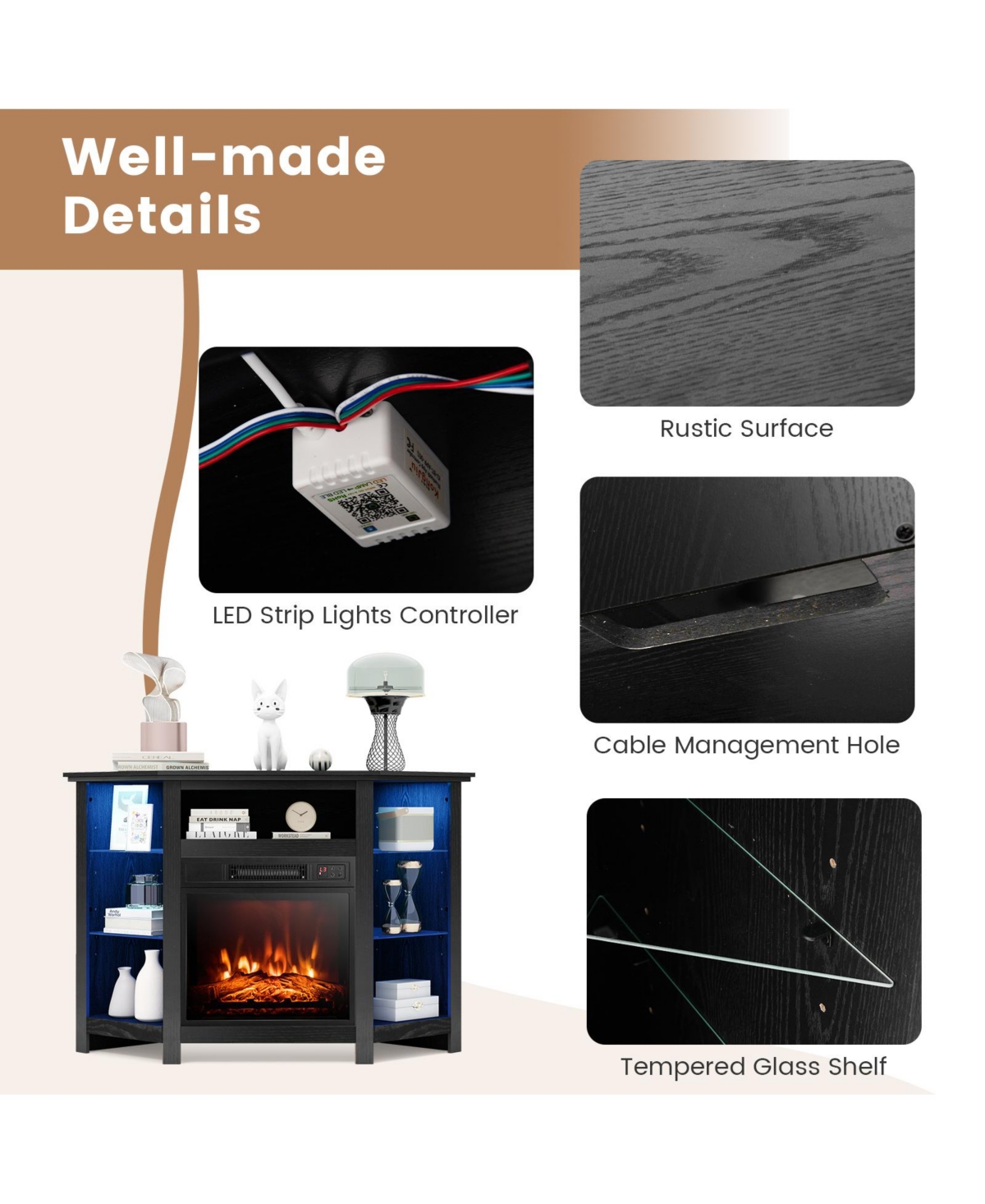 Gouun Fireplace Corner Tv Stand with Led Lights and Smart App Control for Inches Tv