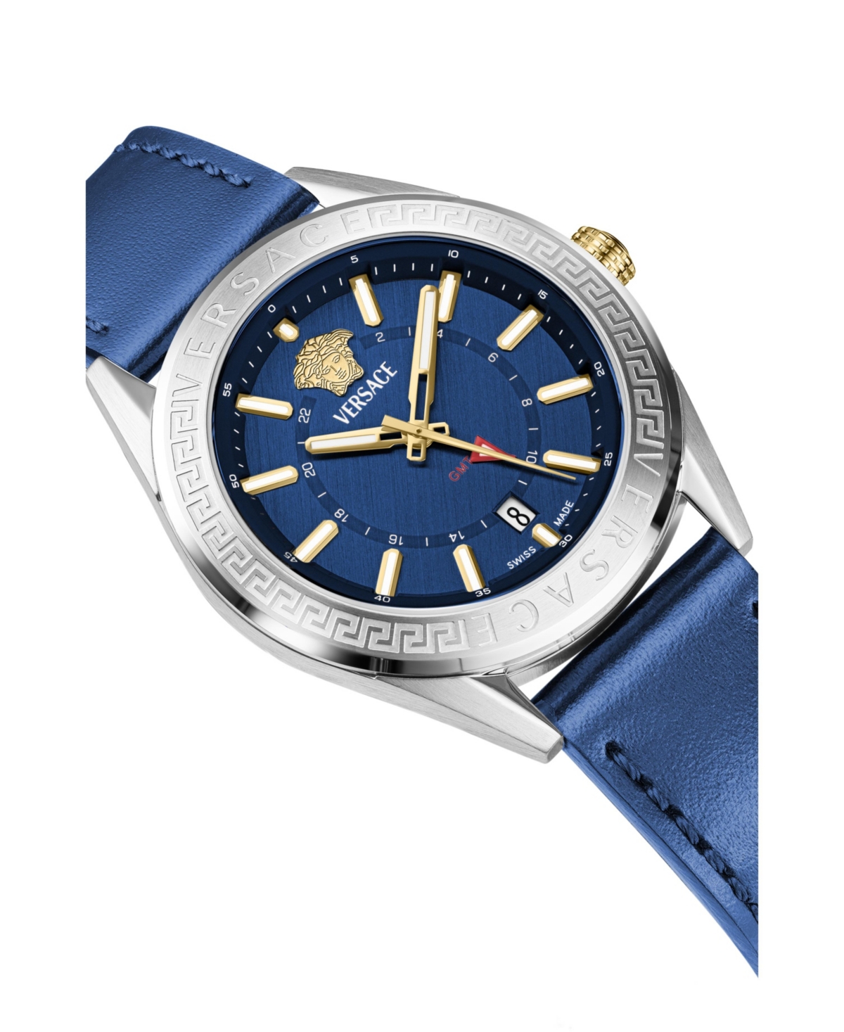 Versace Men's V-code Silver Stainless Steel And Leather Strap Watch, 42mm In Silver,blue