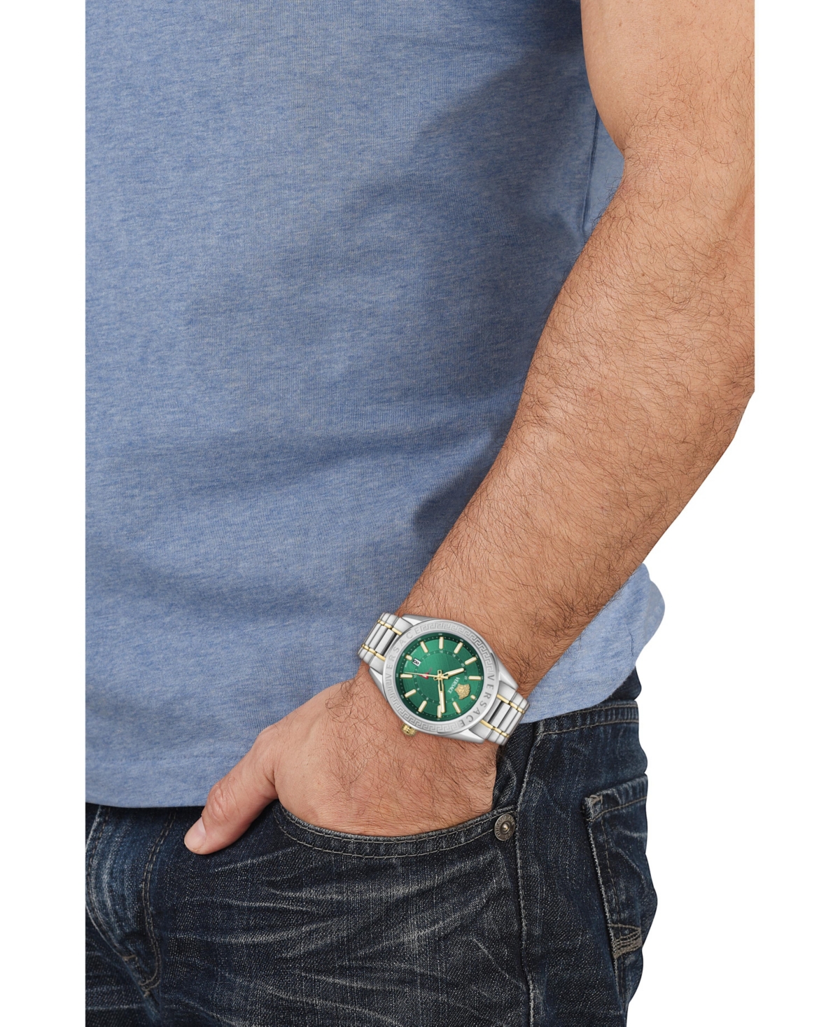Versace Men's V-code Silver Stainless Steel Bracelet Watch, 42mm In Two Tone,green