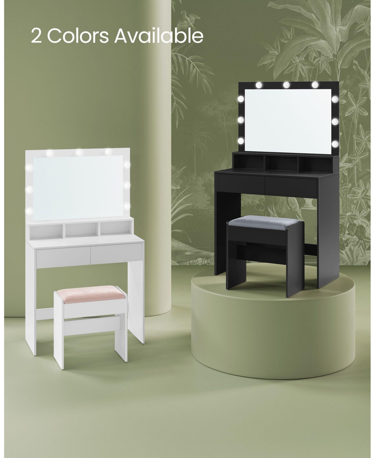 Slickblue Vanity Desk with Mirror and Lights, Makeup Vanity with Upholstered Vanity Stool