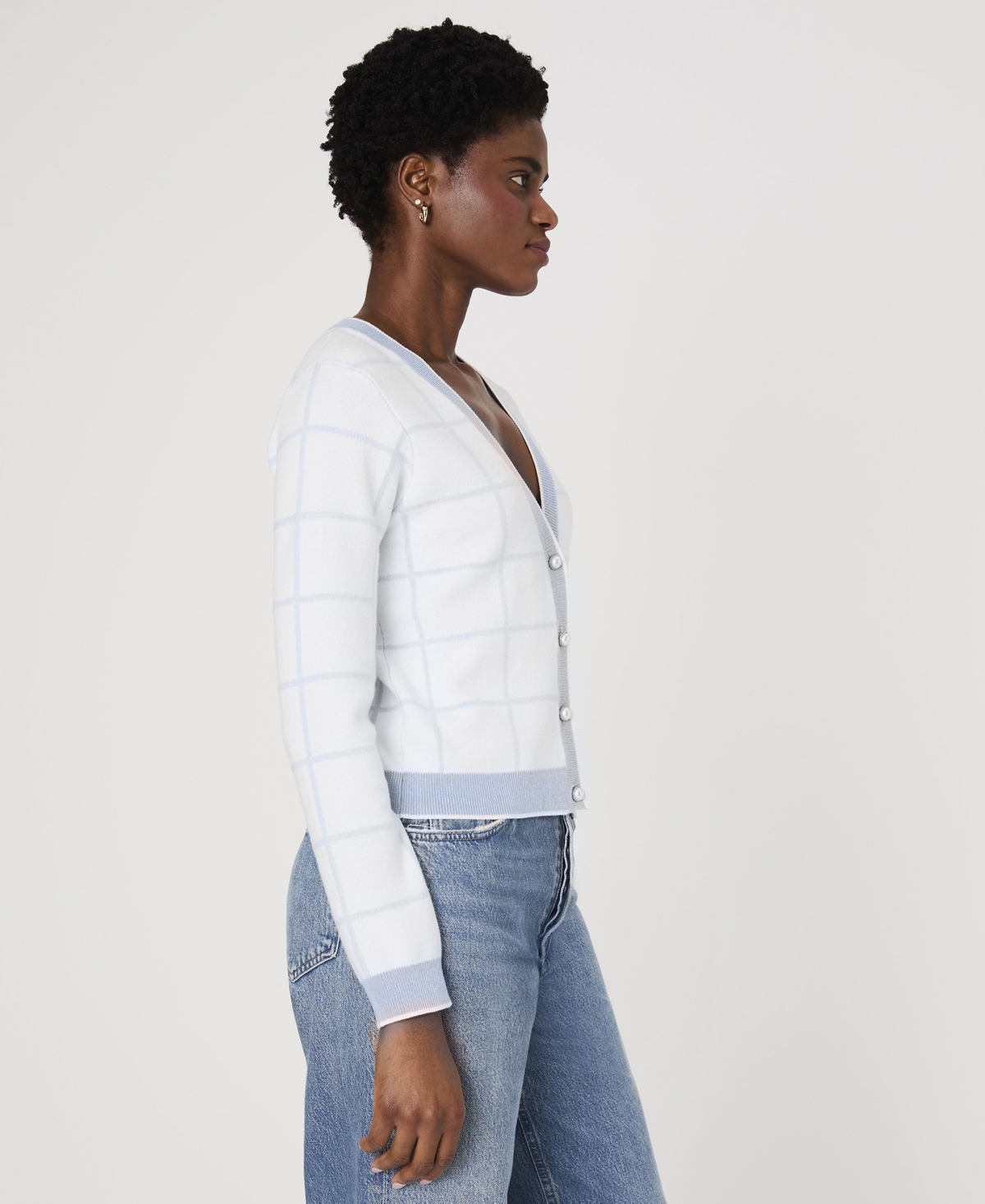 French Connection Women's Check-print Button-front Cardigan In Summer White,sky Blue
