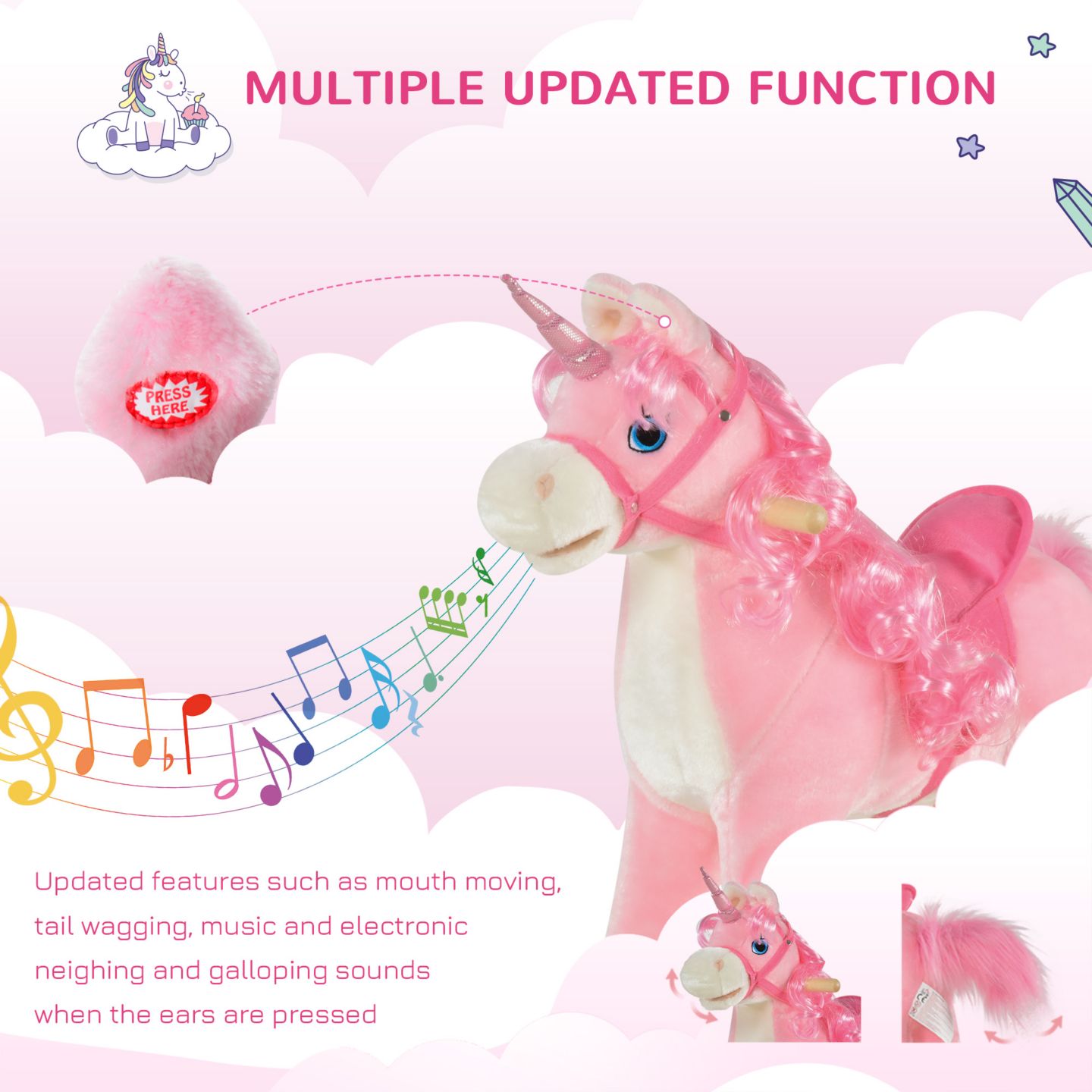 Детская игрушка Qaba Kids Rocking Horse, Ride on Unicorn w/ Wooden Base, Tail Wag & Sounds, цвет: Розовый — фото 2
