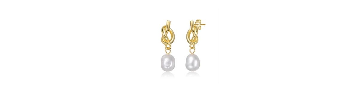 Sterling Silver 14K Gold Plated with Freshwater Pearl Pretzel Love Knot Dangle Earrings - Gold