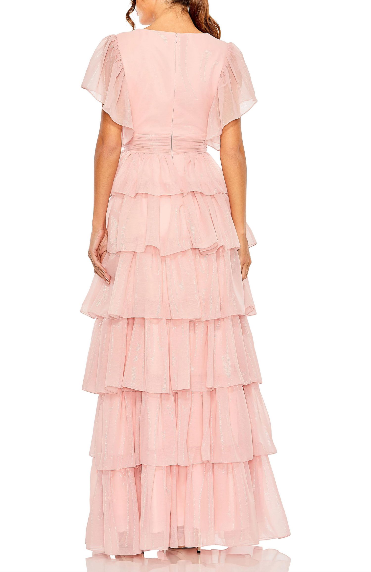 Women's Tiered Flutter Sleeve V-Neck Evening Gown