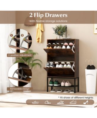 Industrial Shoe Storage Cabinet with 2 Flip Drawers and 1 Bottom Metal Shelf