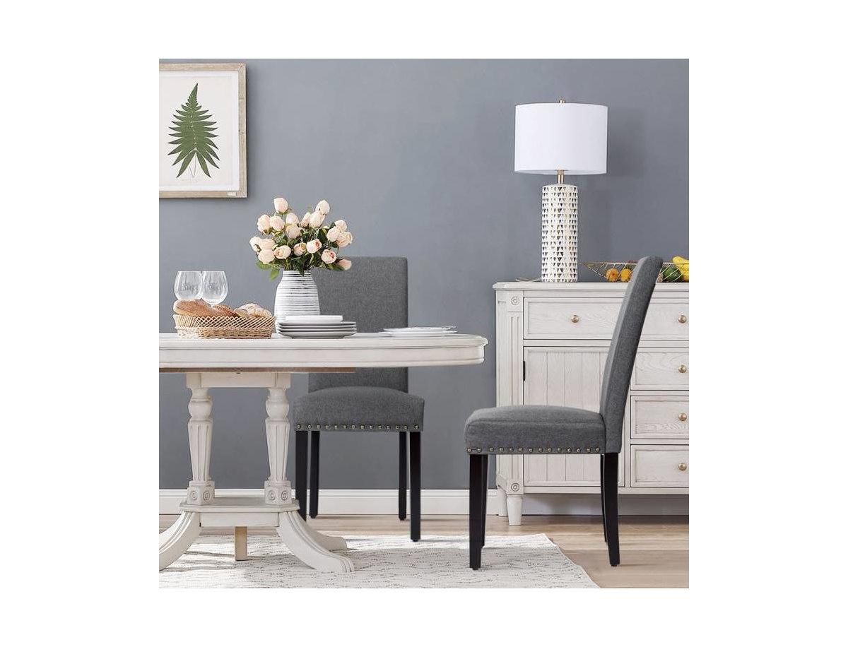Slickblue Set of 2Linen Upholstered Nailhead Dining Chair - 330 lbs. Weight Capacity - Grey