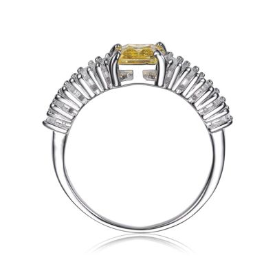 Sterling Silver with White Gold Plated Yellow Asscher with Clear Cubic Zirconia Cluster Ring  