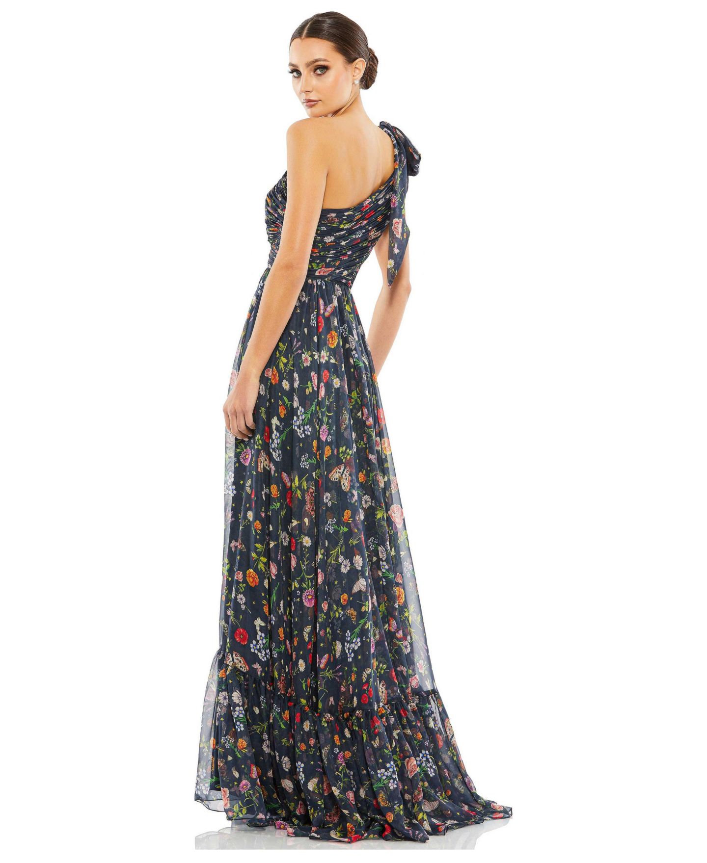 Женское платье Mac Duggal Tied One Shoulder Cut-Out Flowy Gown, цвет: Тёмно-синий разноцветный — фото 4