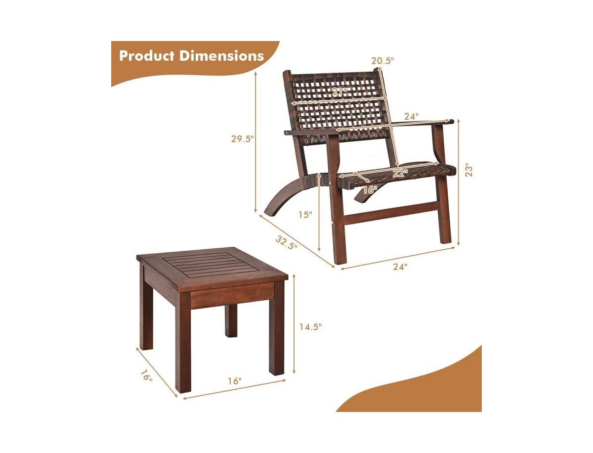 Slickblue 3 Piece Wooden Rattan Outdoor Patio Furniture Chair Table Bistro Set