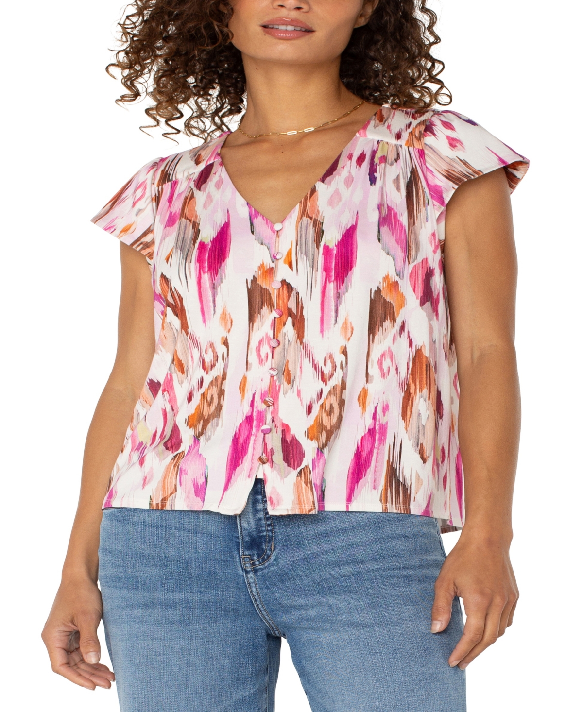 Liverpool Los Angeles Women's Flutter Sleeve Button Front Knit Top In Multi