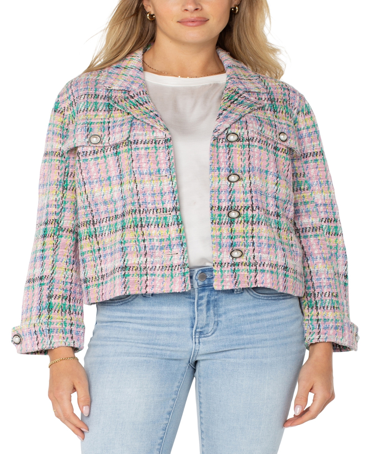 Liverpool Los Angeles Women's Button Front Boxy Plaid Shacket In Tea Rose Multi