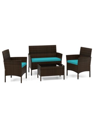 4 Piece Patio Rattan Conversation Set Wicker Furniture Set w/ Chair Loveseat Outdoor