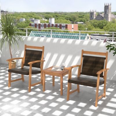 3 Piece Brown Wicker Bistro Set Patio Chair Set of 2 w/ Acacia Wood Side Table