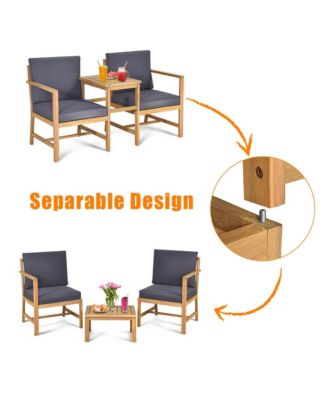 3 in 1 Acacia Wood Furniture Set Patio Outdoor w/ Cushion Coffee Table