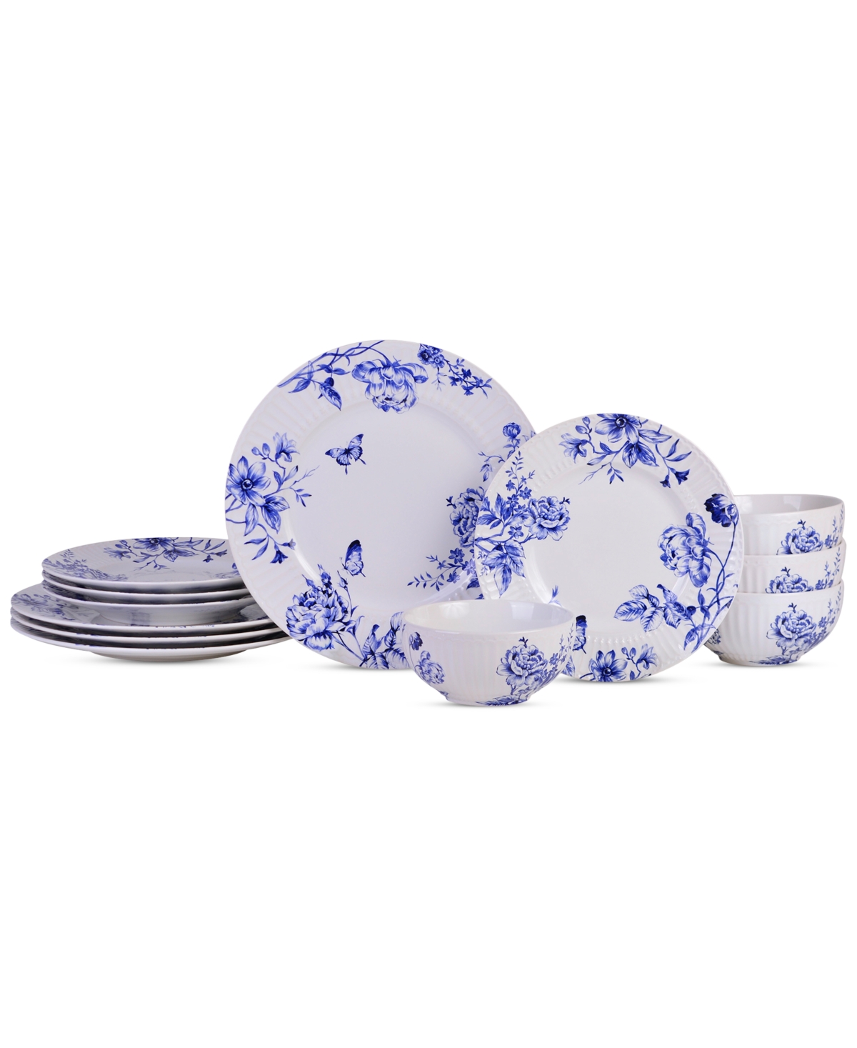 Cassian Embossed Toile Blue Porcelain 12 Pc. Dinnerware Set, Service for 4 - Blue