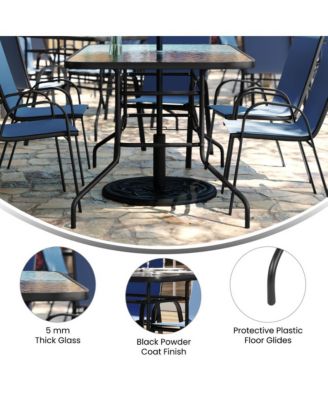 Seven Piece Patio Table Set With Metal Table With Tempered Glass Top And 6 Flex Comfort Stacking Chairs