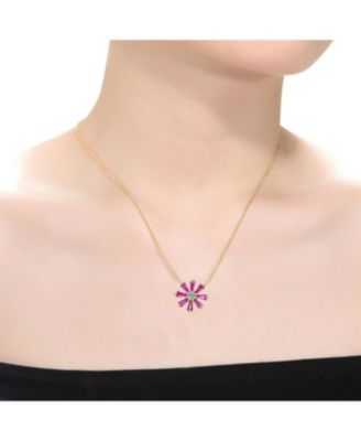 Sterling Silver 14K Gold Plated Flower Necklace with Red Cubic Zirconia Petals