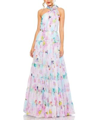Women's Floral Print Asymmetrical Halter Neck Tiered Gown