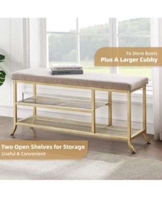 Shoe Rack Bench, 2 Tier Sturdy Shoe Storage Bench with Metal Mesh, Entryway Bench with Padded Seat, Space-Saving, Modern Style, Shoe Bench for Bedroom and Living Room, Easy to Assemble