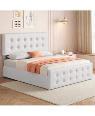 Full Size Bed Frame with 4 Storage Drawers and Headboard, Faux Leather Upholstered Platform Bed Frame with Wooden Slats Support, Button Tufted Design, No Box Spring Needed