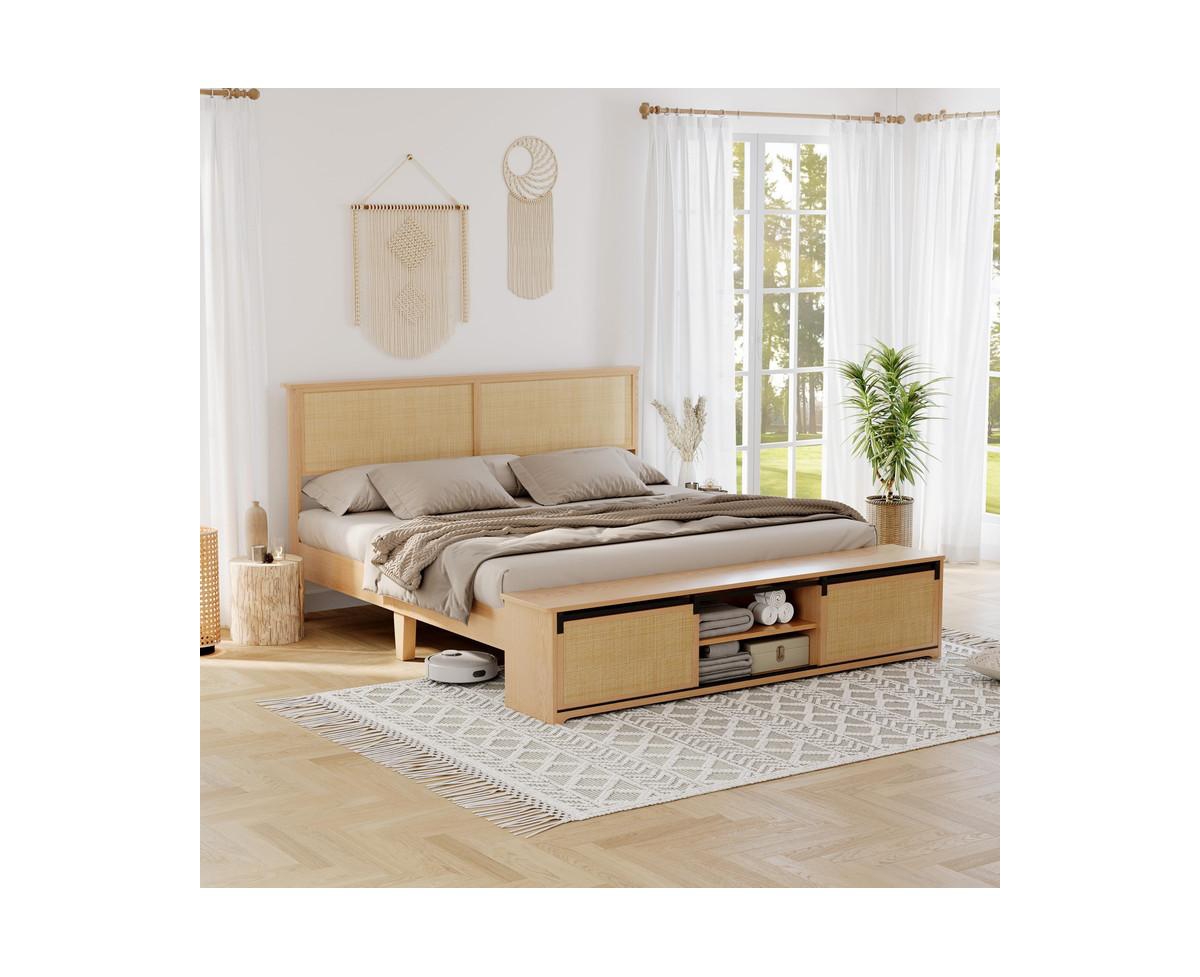 gaomon Natural Rattan Size Bed Frame with Sliding Barn Door Storage Cabinets and Headboard, Boho Farmhouse Wood Platform Bed with Solid Wood Legs