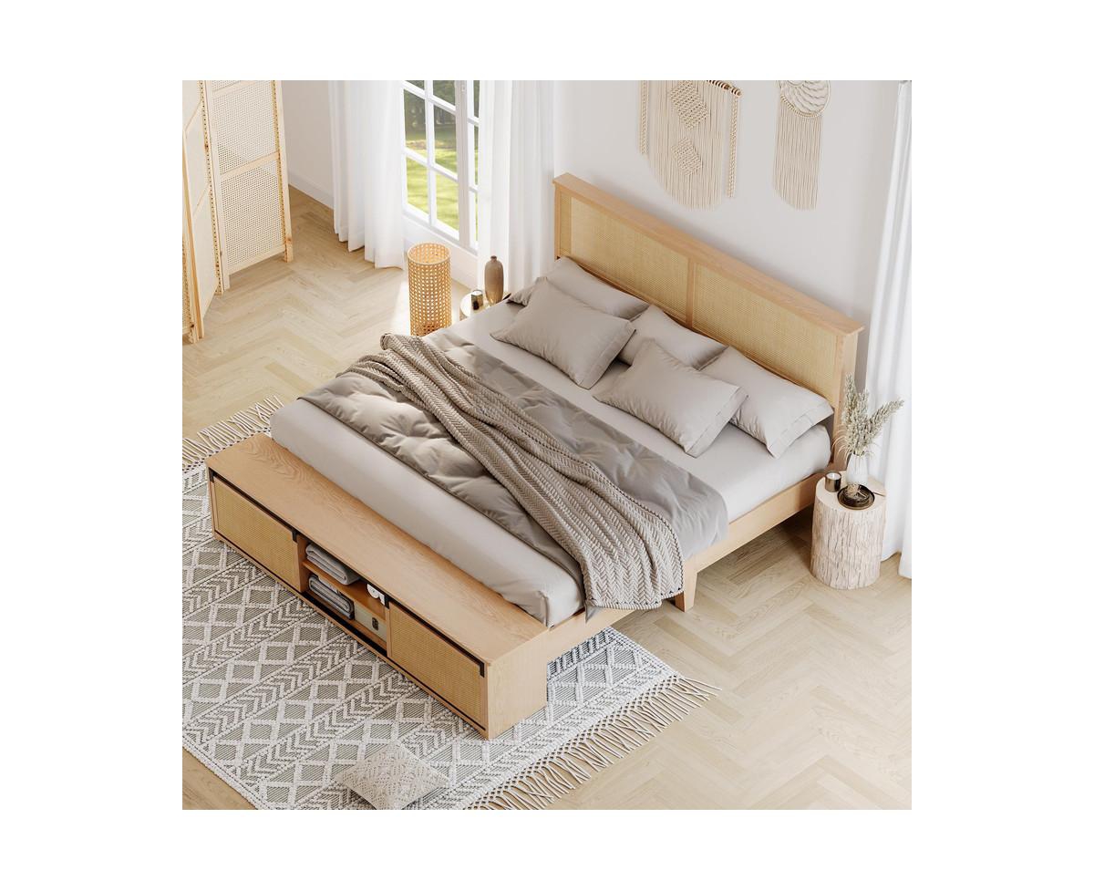 gaomon Natural Rattan Size Bed Frame with Sliding Barn Door Storage Cabinets and Headboard, Boho Farmhouse Wood Platform Bed with Solid Wood Legs
