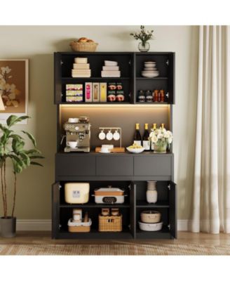 71" Tall Kitchen Pantry Cabinet with LED Lights, Power Outlets, Microwave Stand and Adjustable Shelves