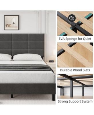 Full Bed Frame, Linen Upholstered Platform Full Bed Frame with Height Adjustable Headboard, Metal Frame Full Bed Frame with Strong Wood Slats and Support Legs, No Boxing Needed
