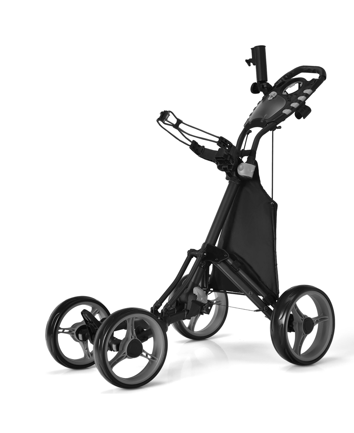 Gymax 4 Wheels Foldable Golf Push Pull Cart Trolley w/ Brake Waterproof Bag - Grey+black