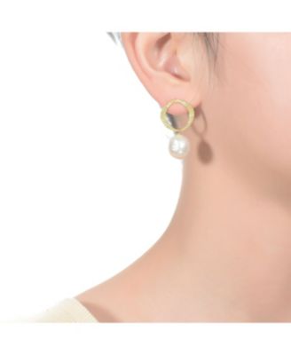 Sterling Silver 14K Gold Plated with Genuine Freshwater Button Pearl Drop Earrings