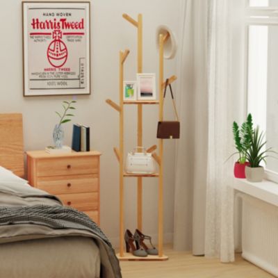 Sturdy Garment Clothes Stand: Natural Bamboo Coat Rack Hat Hanger Stand with Shelves