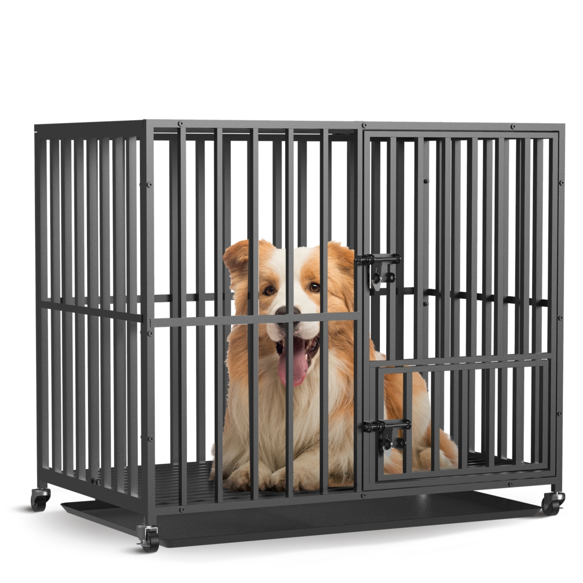 Heavy Duty Dog Cage Metal Pet Dog Crate 3 Doors Kennel Playpen - Black