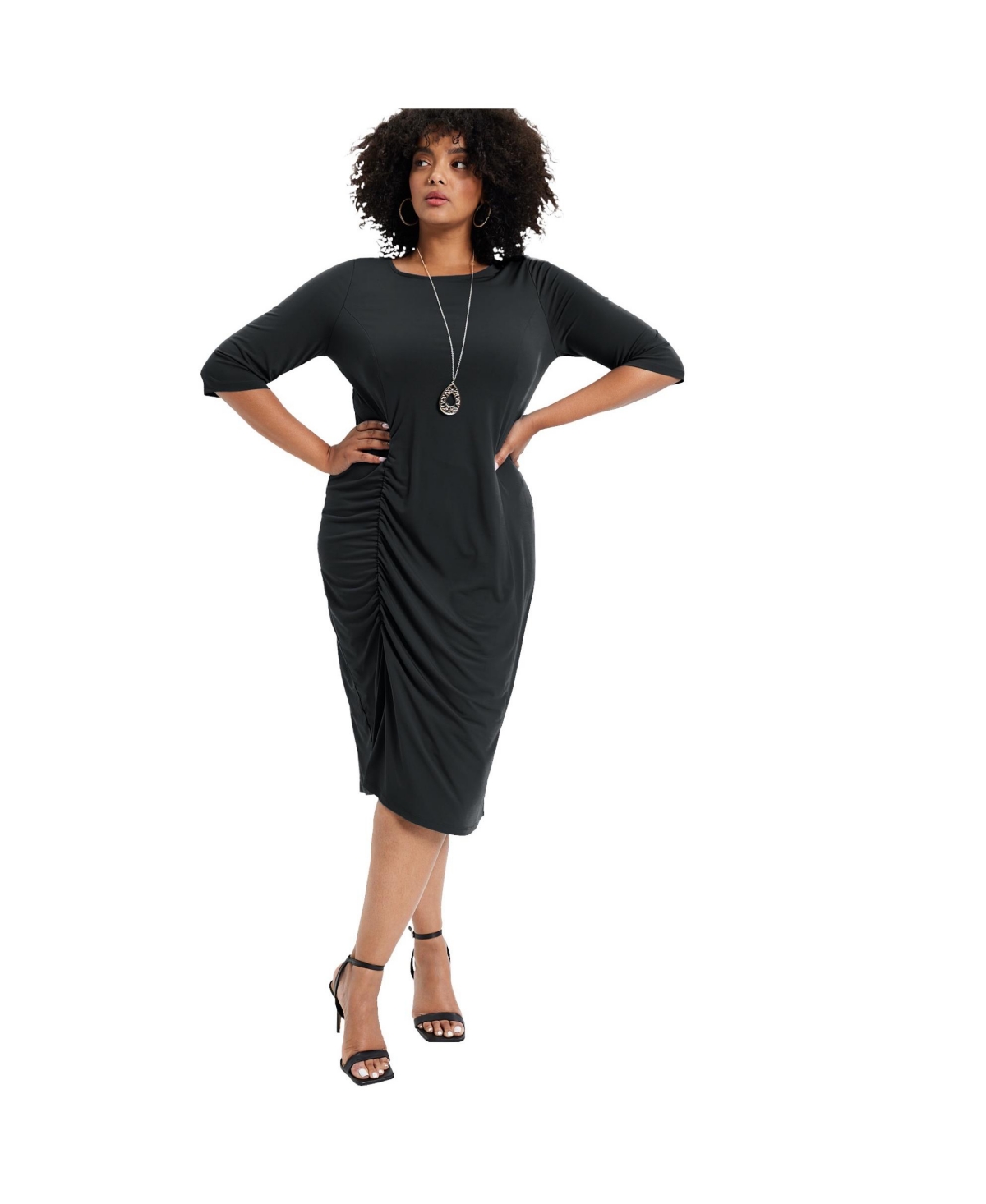 Plus Size June + Vie Ruched Detail Midi Dress - Black