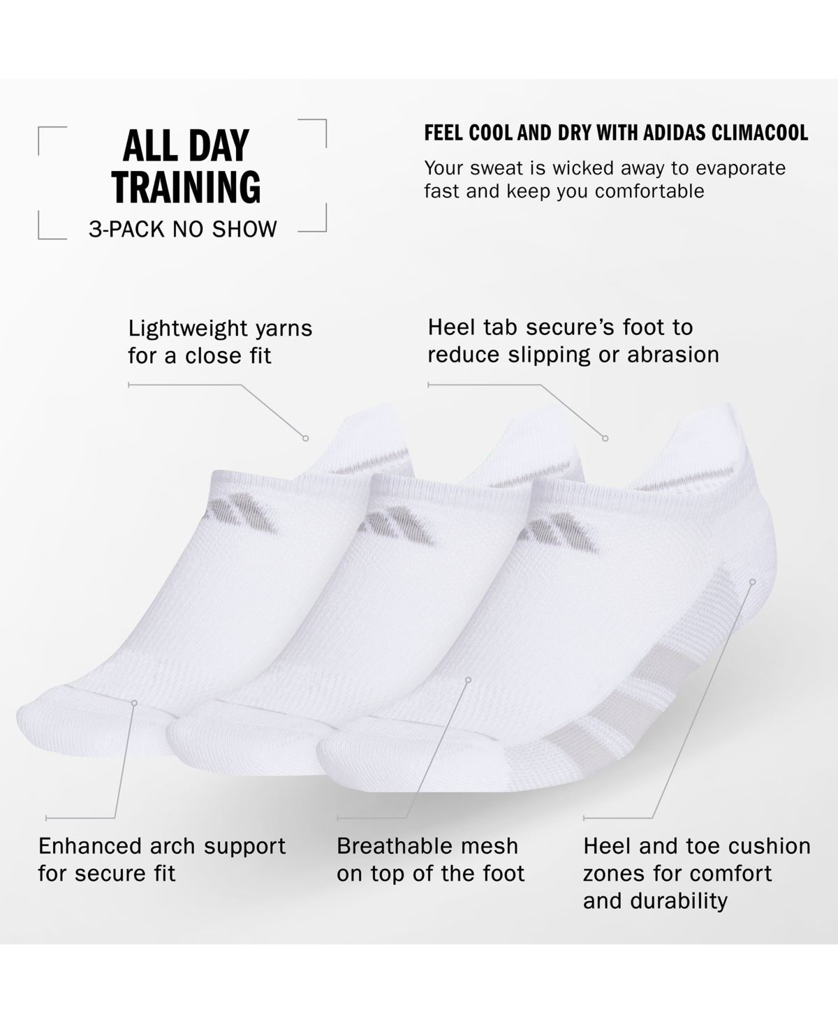 ADIDAS ORIGINALS WOMEN'S 3-PK. ALL DAY TRAINING NO SHOW SOCKS 