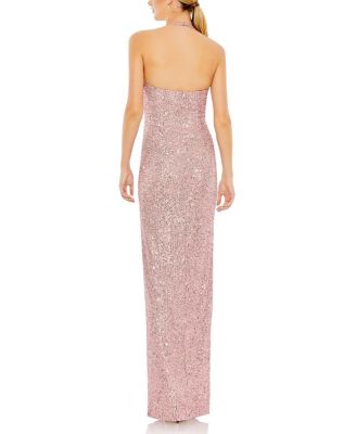 Women's Sequined Halter Strap Low Side Knot Gown